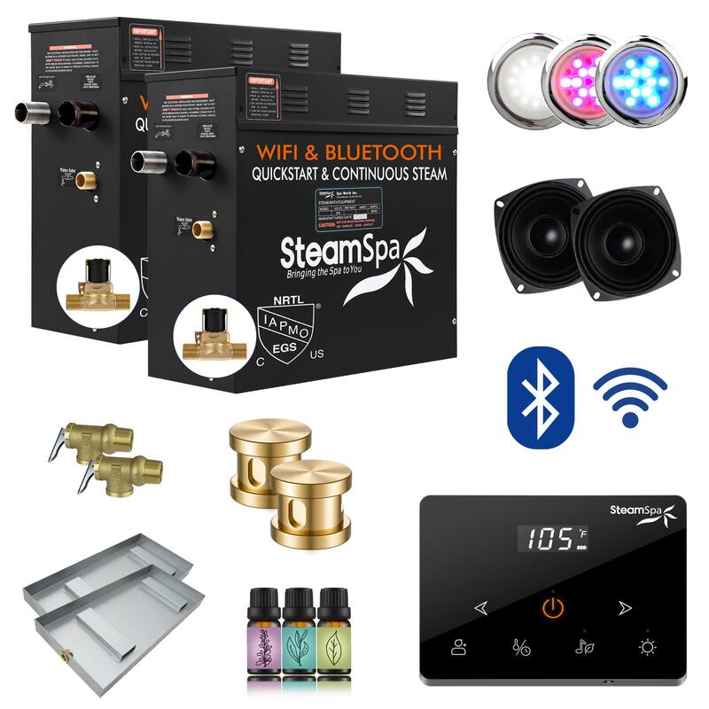 Black Series Steam Bath Generator with Fully Wireless Remote, BLUETOOTH, WIFI, and Auto Drain - 15 KW - Gold