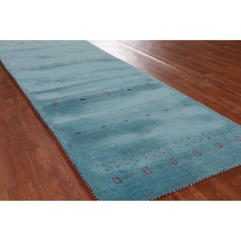 Hand Knotted Oriental 100% Wool Carpet Tribal Animal Pictorial Navy Blue & Blues Gabbeh Runner Rug - 9' 9'' X 2' 9''