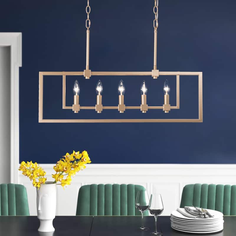 Mid-Century Modern Brass 5-light Linear Frame Candle Chandelier Kitchen Island Dining Room - matte rose gold - L28" x W5" x H78"
