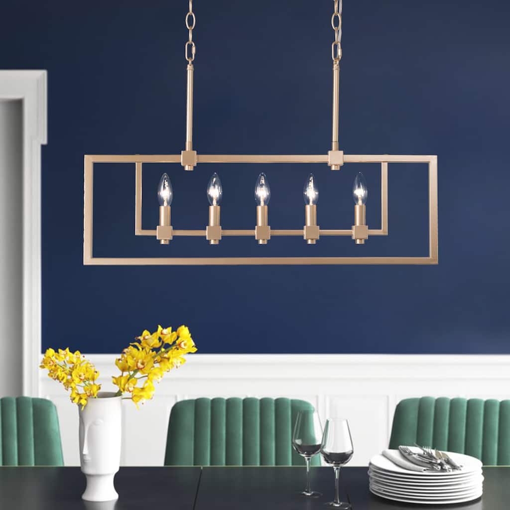 Mid-Century Modern Brass 5-light Linear Frame Candle Chandelier Kitchen Island Dining Room - matte rose gold - L28" x W5" x H78"