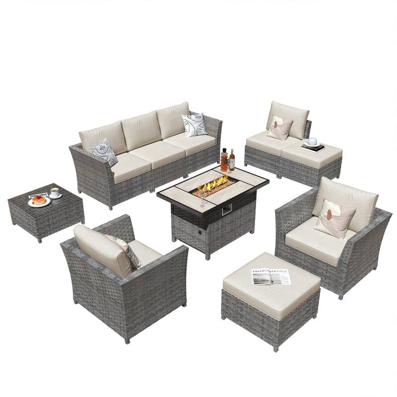 HOOOWOOO 10-piece Outdoor Furniture Rattan Sectional Set with Fire Pit Table.