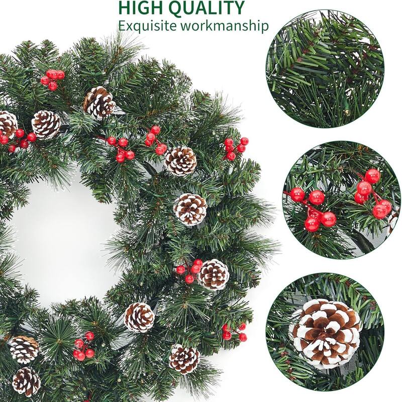24 Inch Prelit Christmas Wreath for Front Door with Pine Cones