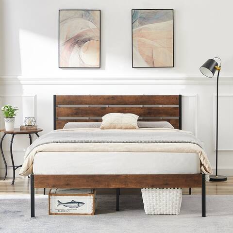 VECELO Industrial Wood Bed Frame with Headboard, Twin Size Beds, Full Size Beds