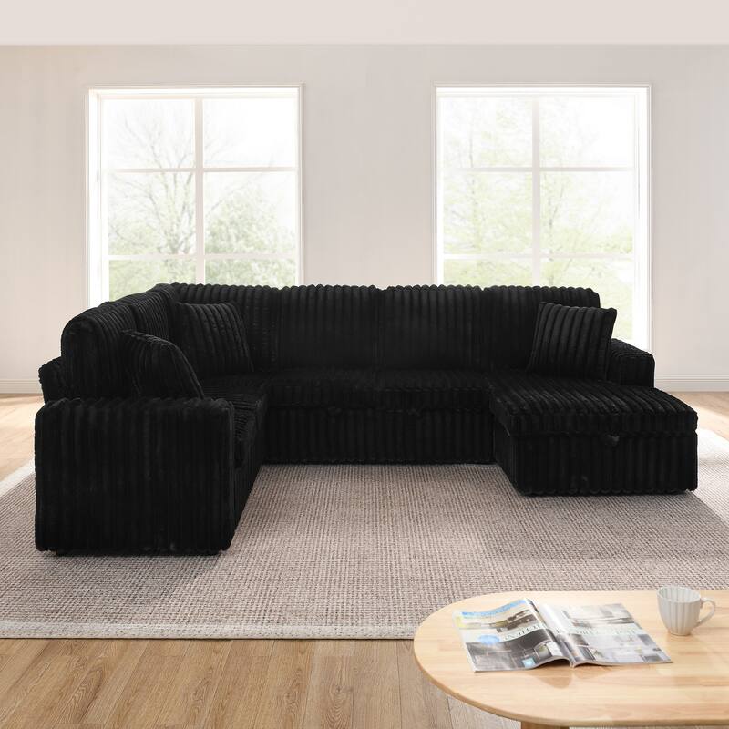 Corduroy Upholstered Reclining Sofa U-shaped Sleeper Sectional Couch with Pull Out Bed, Storage Chaise and Adjustable Backrests