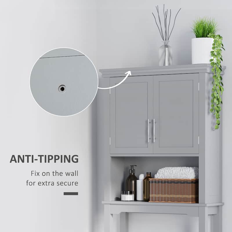 Grey Space-Saving Bathroom Cabinet with Classic Shaker Door and Open Storage Shelf - 28" W x 8" D x 65" H