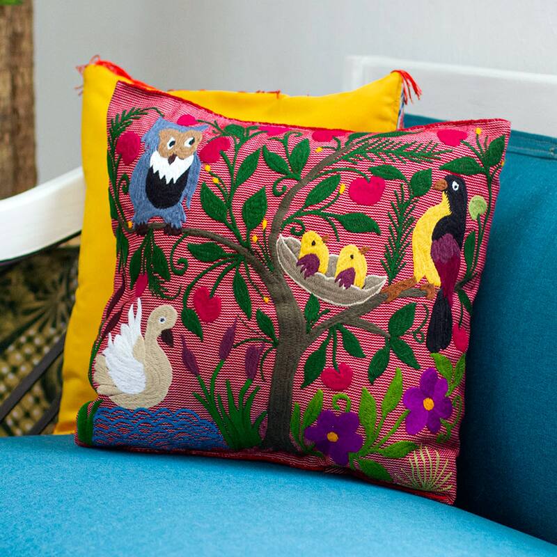 Novica Handmade Jungle Wings Embroidered Cotton Cushion Cover