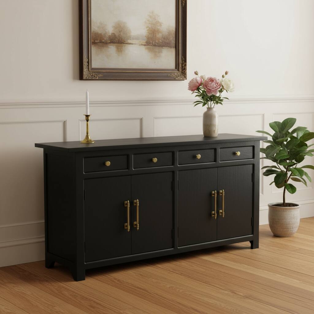 HomeRoots 79" Black Solid Wood Four Drawer Sideboard with Four Doors - 79.00 in. x 38.00 in. x 17.00 in.