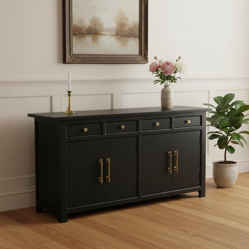 HomeRoots 79" Black Solid Wood Four Drawer Sideboard with Four Doors - 79.00 in. x 38.00 in. x 17.00 in. - 79.00 in. x 38.00 in. x 17.00 in.