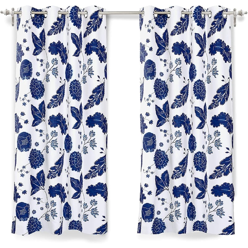 DriftAway Gianna Flower, Floral, Leaf, Botanic Blackout Lined Window Curtain Panel Pair - 52" width x 63 " length - Navy