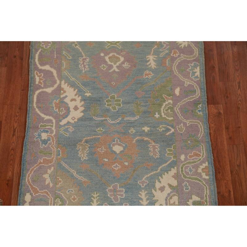 Hand Knotted Oriental 100% Wool Carpet Transitional All-Over Navy Blue & Blues Oushak Runner Rug - 9' 9'' X 3' 3''