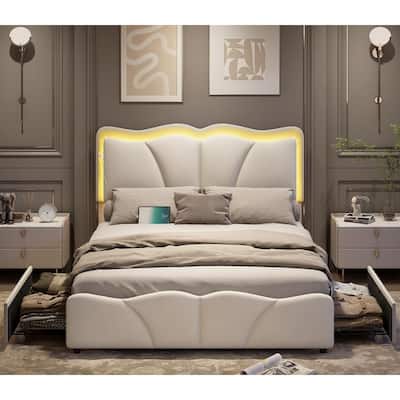 Platform Bed Frame with Flower Headboard 4 Storage Drawers