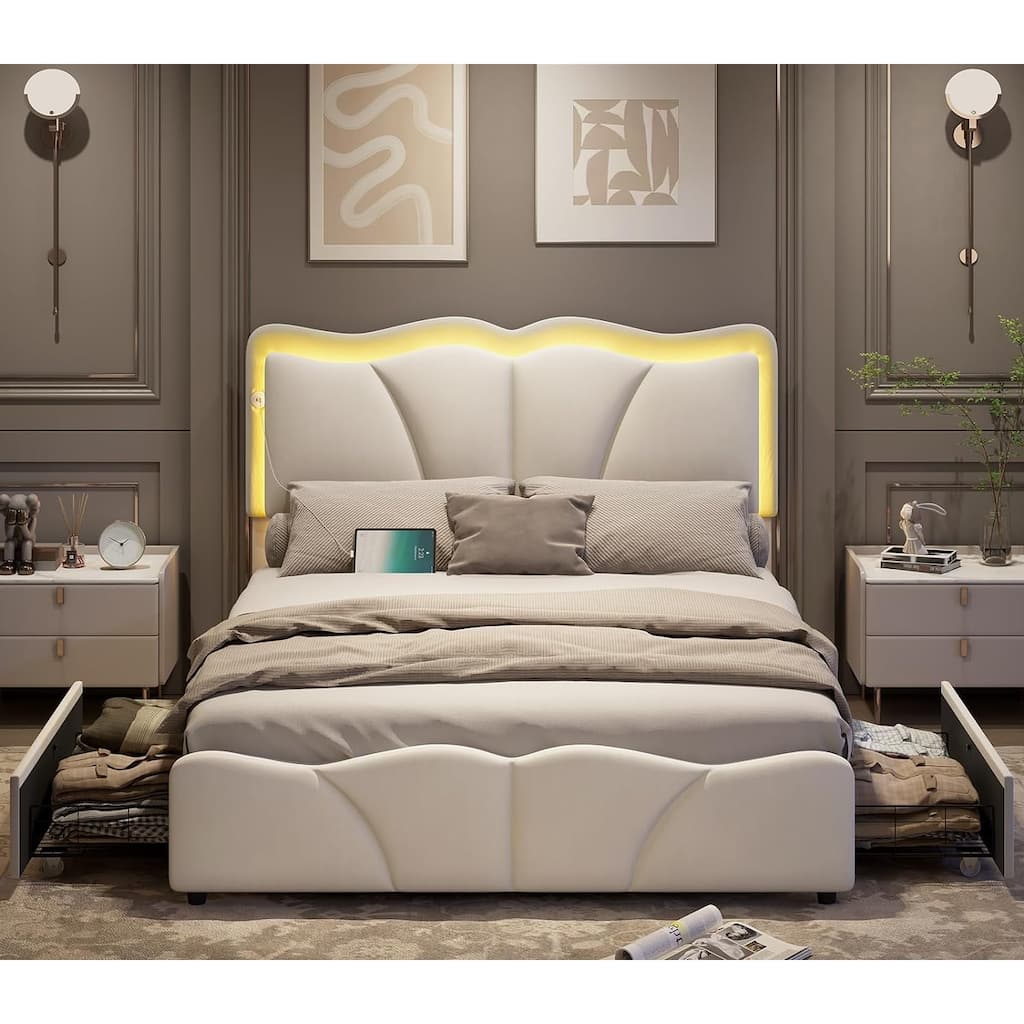 Platform Bed Frame with Flower Headboard 4 Storage Drawers