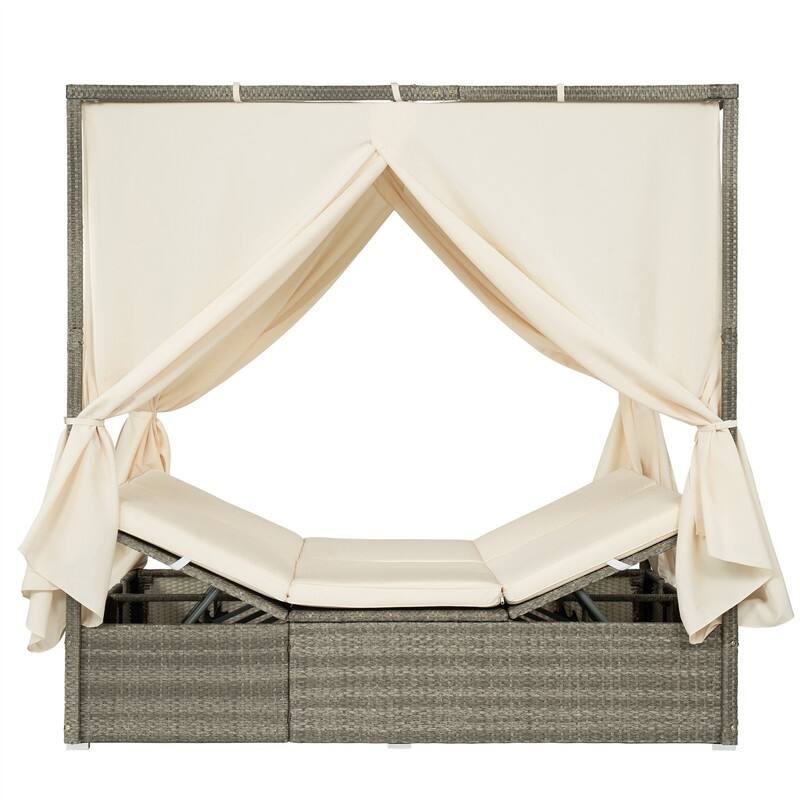 Outdoor Rattan Daybed with Adjustable Backrest and Curtains, Paio Sunbed Sun Lounger with Canopy and Removable Cushion