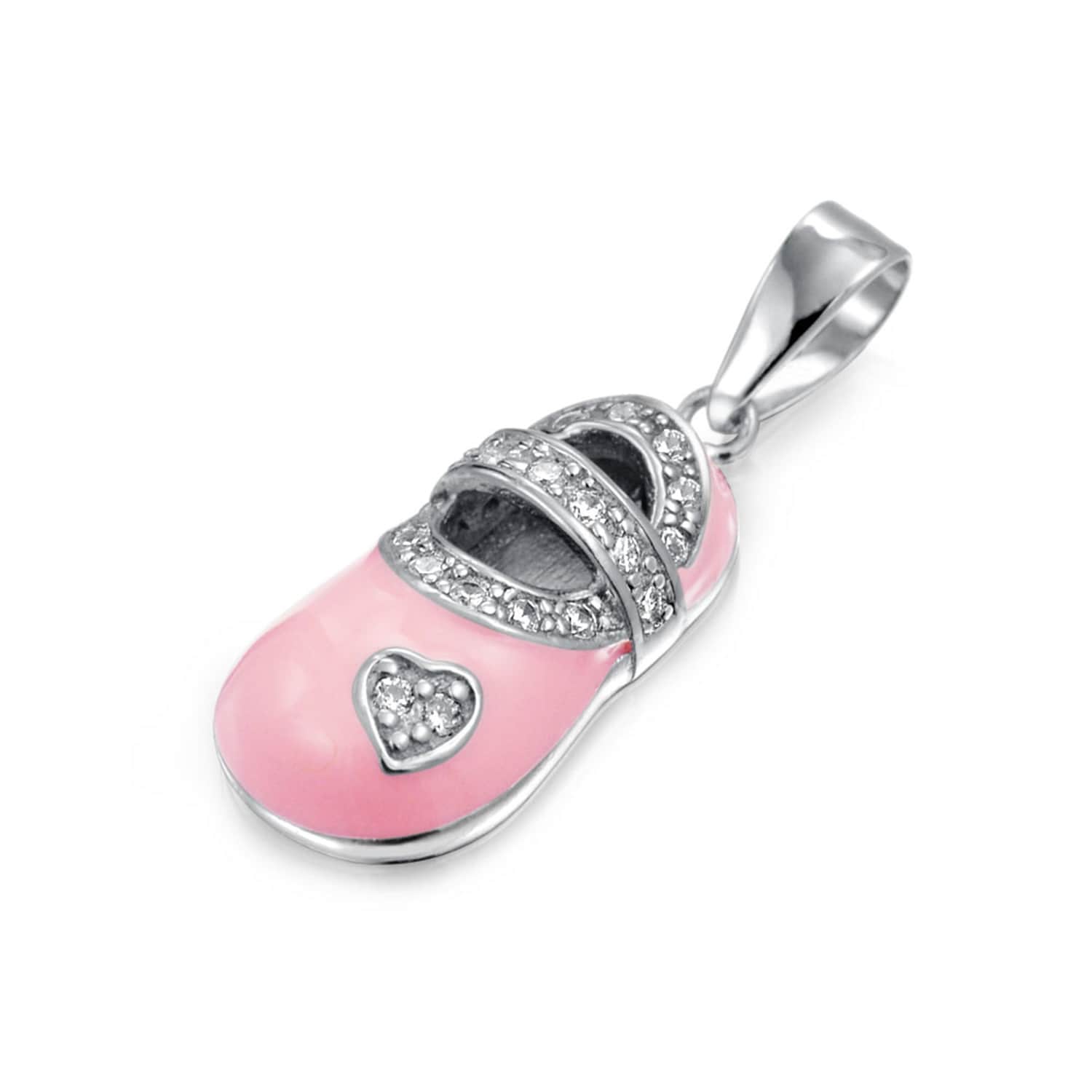 Shoe Charm Pendant Necklace For New Mother Women Pink Enamel Cubic Zirconia CZ Heart Engravable 925 Sterling Silver Shoe Charm Pendant Necklace For New Mother Women Pink Enamel Cubic Zirconia CZ Heart Engravable 925 Sterling Silver