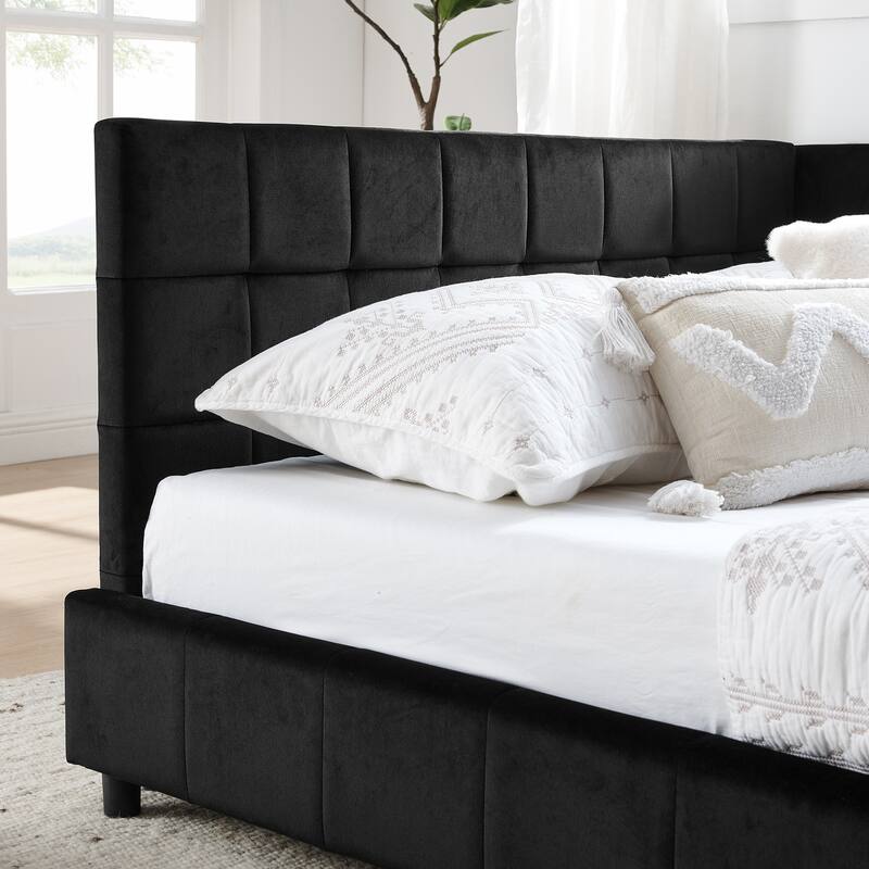 L-shaped Velvet Upholstered Daybed Tufted Sofa Bed with Soft Backrest Armrests - and Optional Corner Storage Day Bed