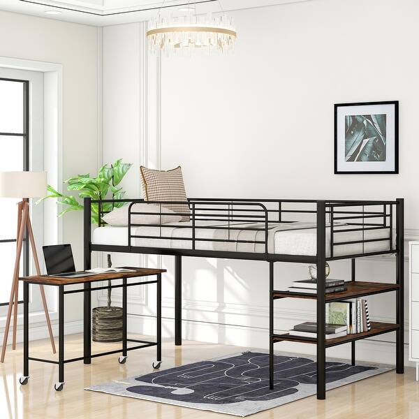 slide 2 of 9, Twin Size Metal Loft Bed with 1 Rolling Desk and 2 Shelves, Black