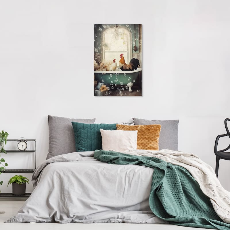Wynwood Studio Canvas Animals Bubble Bath Coop White and Teal Traditional Wall Art Canvas Print - White, Blue - 24 x 16