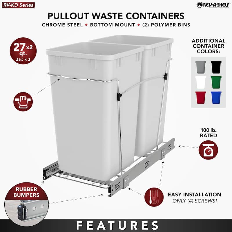 Rev-A-Shelf Double Pullout Trash Can 27 qt. for Kitchen, RV-15KD-2218C-S