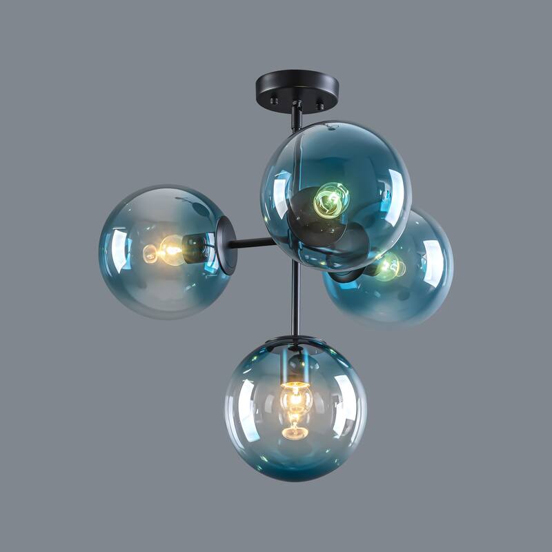 4-Light Modern Tiered Linear Sputnik Pendant Light in Brushed Gold/Black with Gradient Blue Glass Globes
