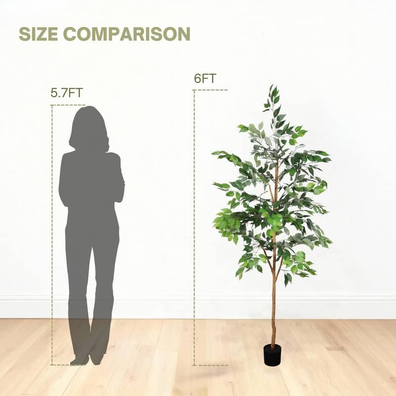 6FT Artificial Ficus Tree with Natural Trunk in Black Plastic Pot for Indoor Home Office Decor, 1pc/set