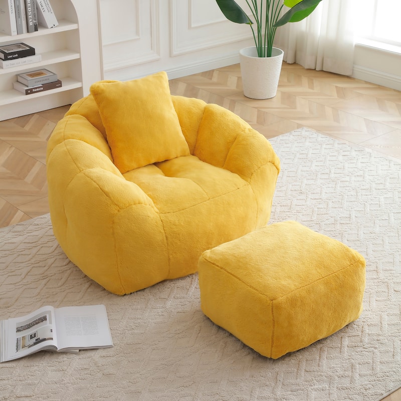 Faux Fur Bean Bag Chair with Ottoman, Giant Bean Bag Chairs for Adults, Shell-Shaped Lounge Floor Sofa with Filler - Yellow