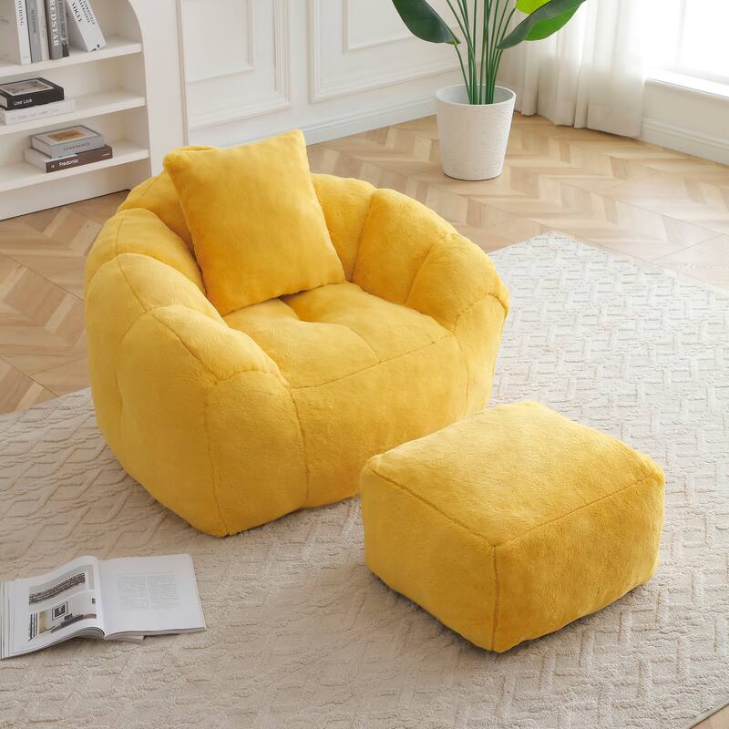 Faux Fur Shell-Shaped Medium Bean Bag Chair with Footstool