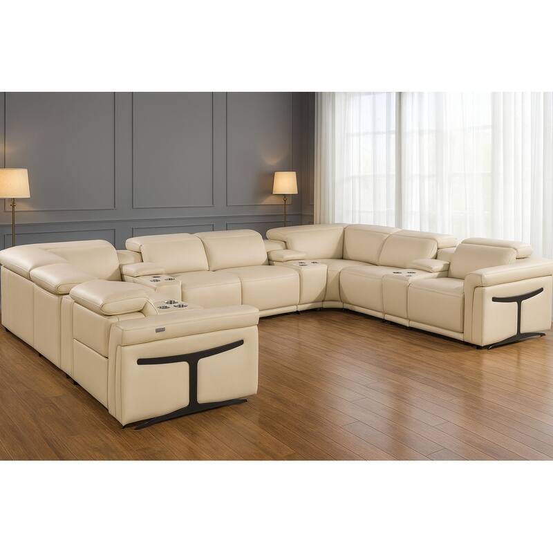 HomeRoots Beige Italian Leather Power Reclining U Shaped Twelve Piece Sectional With Console - Symmetrical - Beige
