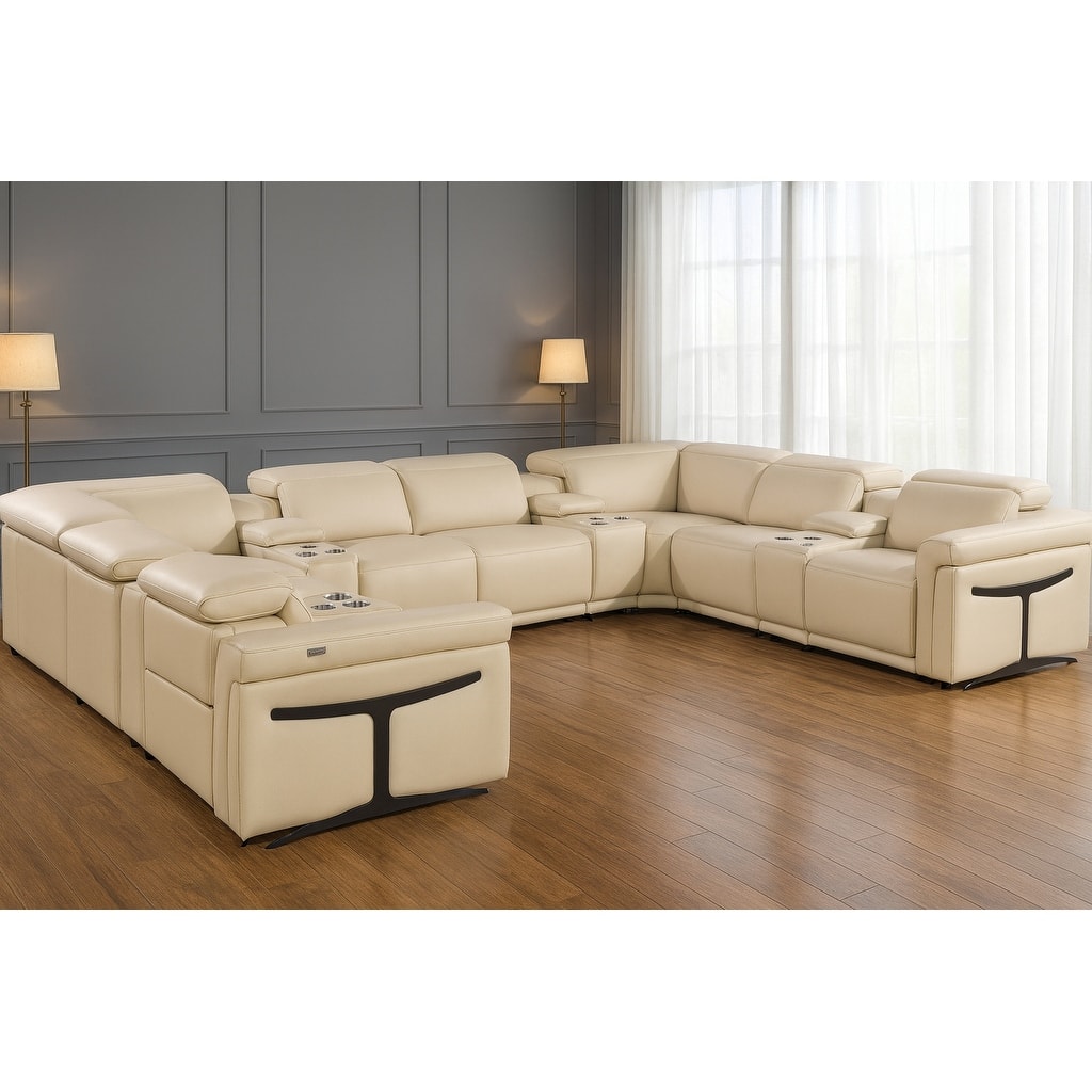 HomeRoots Beige Italian Leather Power Reclining U Shaped Twelve Piece Sectional With Console