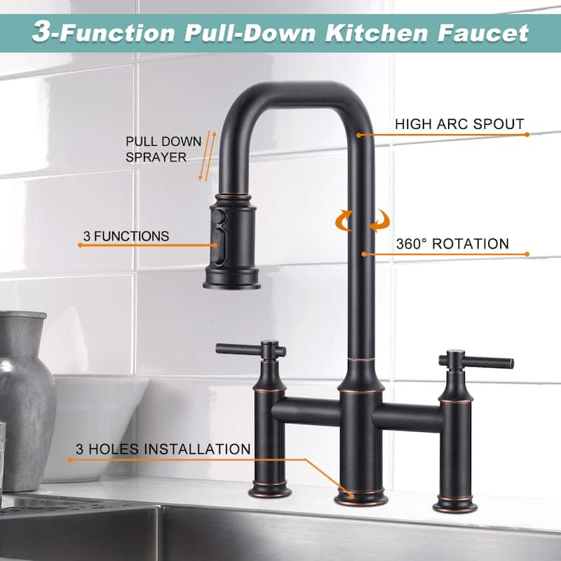 WOWOW Double Handle Bridge Kitchen Faucet with Advanced Spray