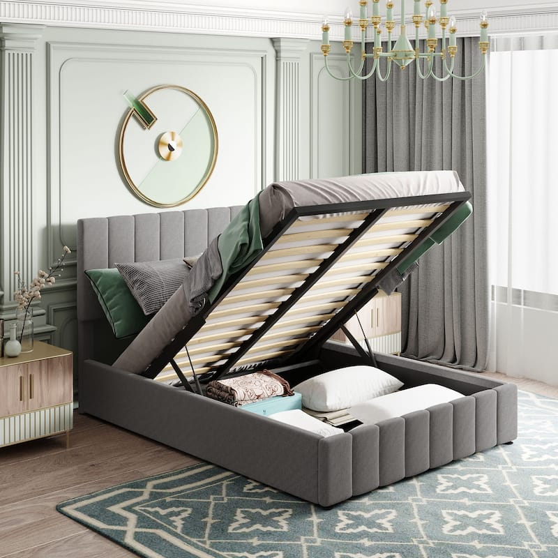 Upholstered Platform Bed with Gas Lift up Storage & Tufted Headboard