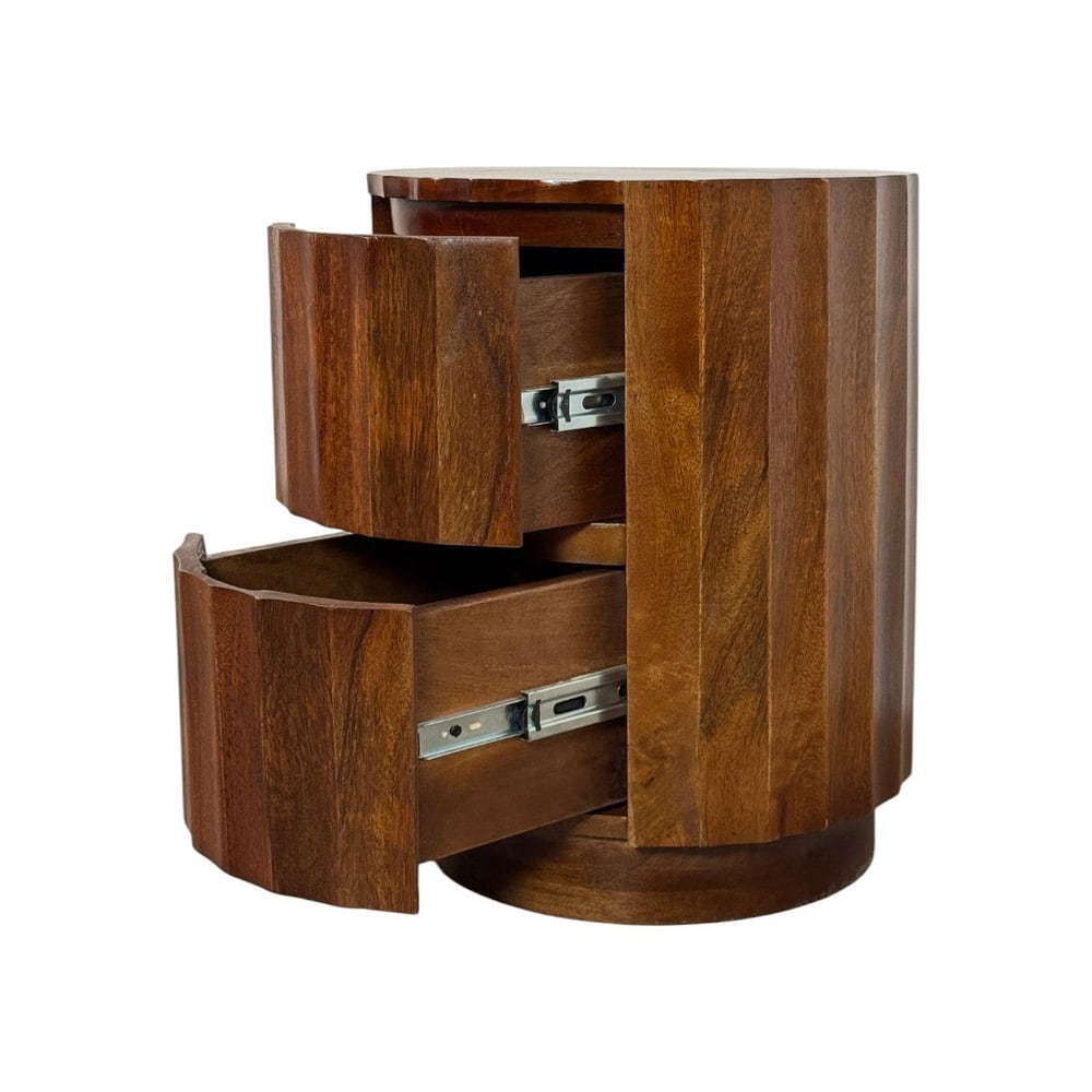 Harrison Vertical Groove Round Scallop Accent Table with 2 Drawers - Solid Wood Rustic Storage Table