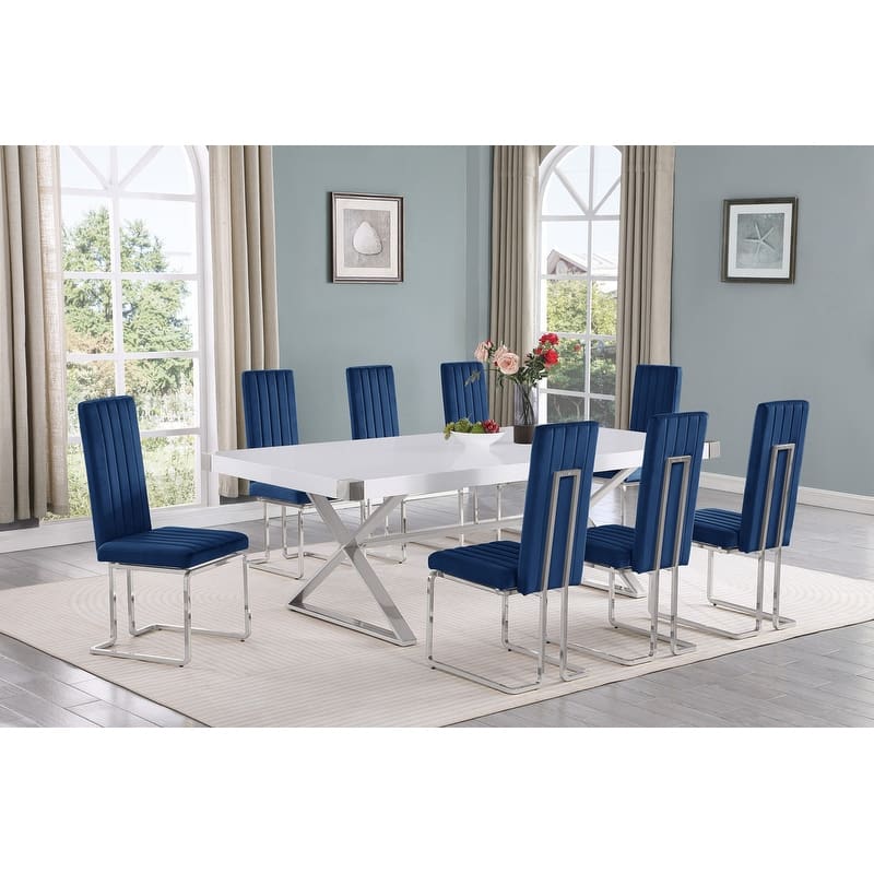 Best Quality Furniture D442/3-SC340-7 Dining Set with 94" White Lacquer Wood Top - 9-Piece - Navy Blue / Silver