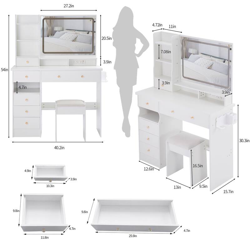 41" Large Size Left Drawer Desktop Vanity Table + Cushioned Stool Dresser Set, 2 AC+2 USB Power Station, Hair Dryer Stand