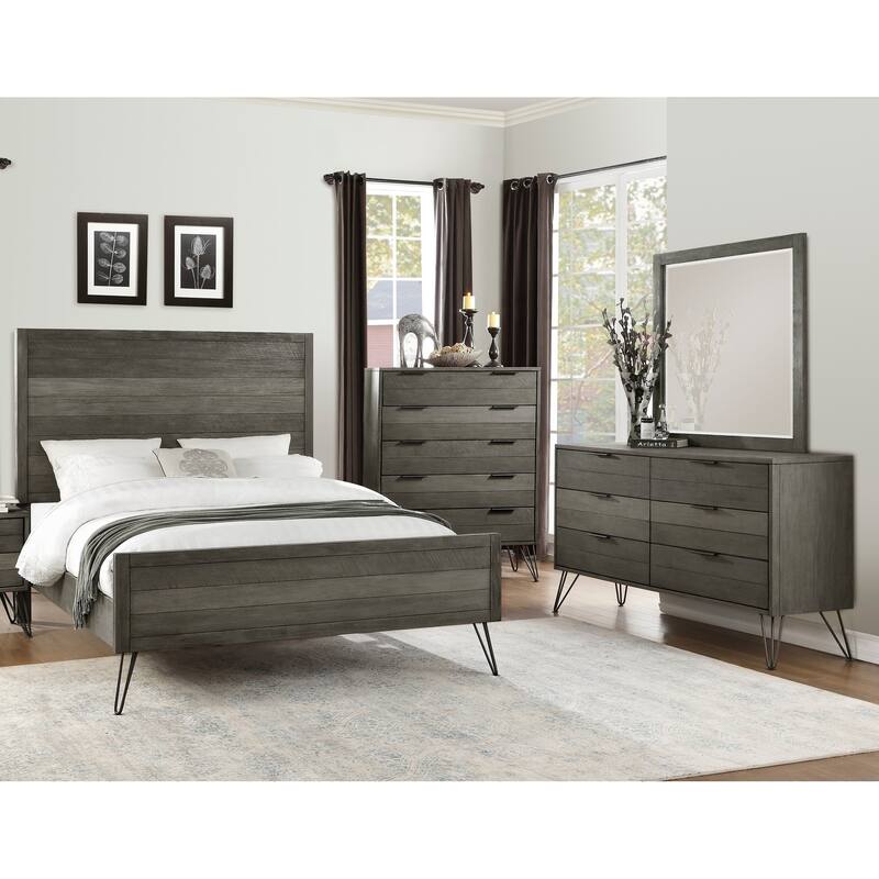 4Pc Bedroom Furniture Gray Panel Bed Dresser Mirror Chest
