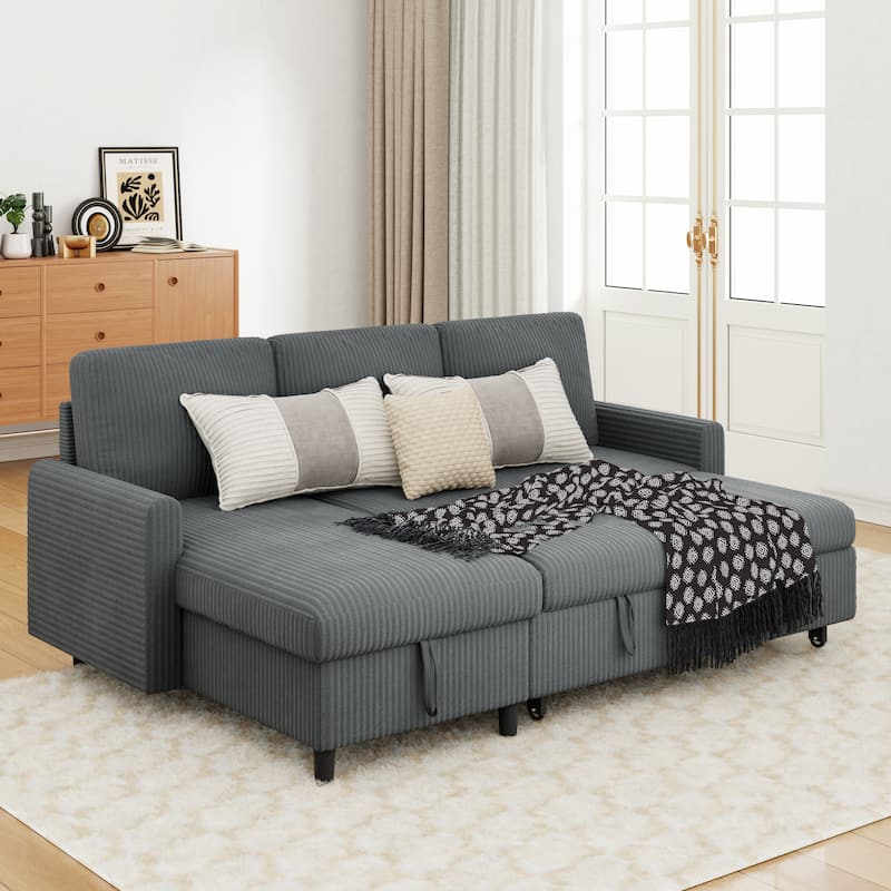 Futzca Convertible Corduroy Sofa Bed with Storage, L-Shaped Sectional Couch