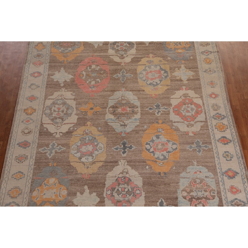 Hand Knotted Oriental 100% Wool Carpet Transitional Geometric Brown Oushak Area Rug - 12' 6'' X 8' 11''