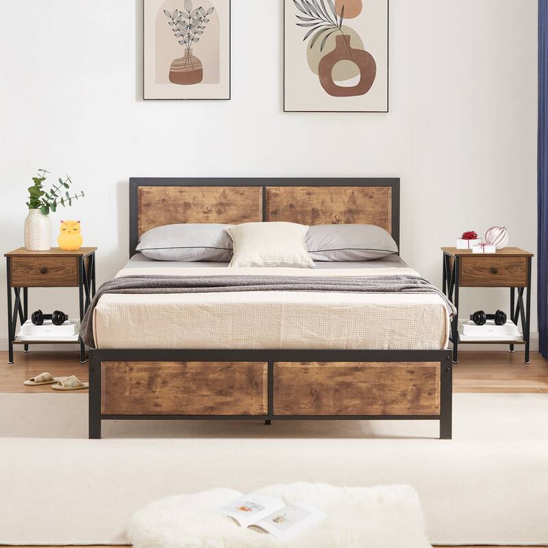 VECELO 3-Pieces Bedroom Sets, Platform Bed with Headboard and Set of 2 Nightstands - Brown - Full
