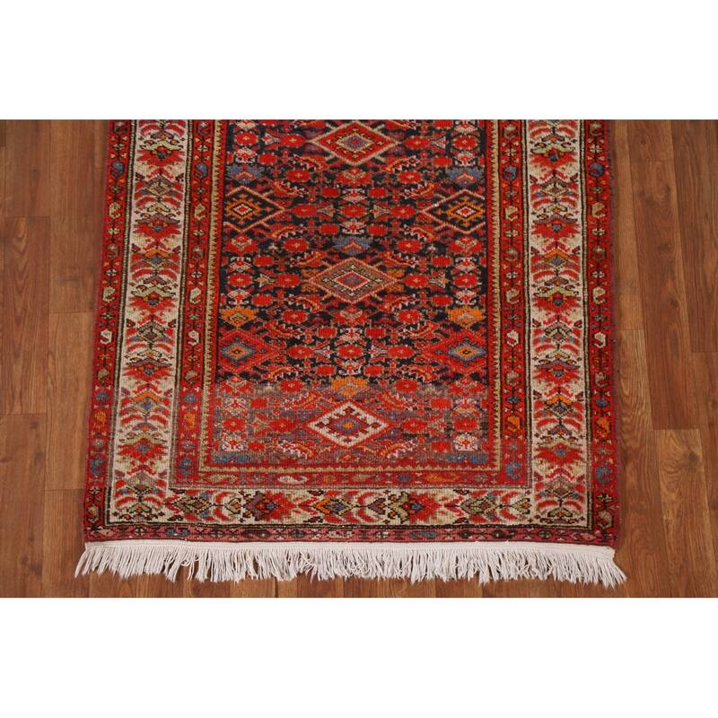 Pre-1900 Antique Blue Malayer Persian Runner Rug Handmade Wool Carpet - 3'2"x 16'7"