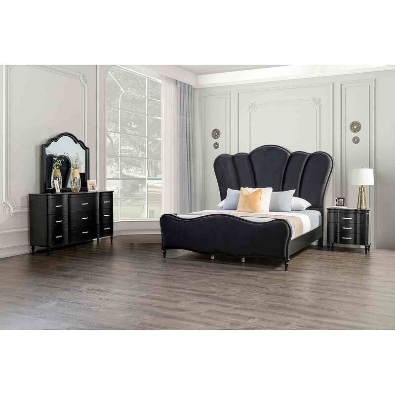 Glam Black Finish 4 Piece Bedroom Set Bed Nightstand Mirror Dresser