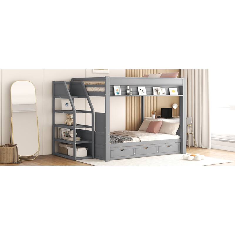 Roomfitters Full Size Convertible Bunk Bed with Storage Staircase and Bedside Table, Gray