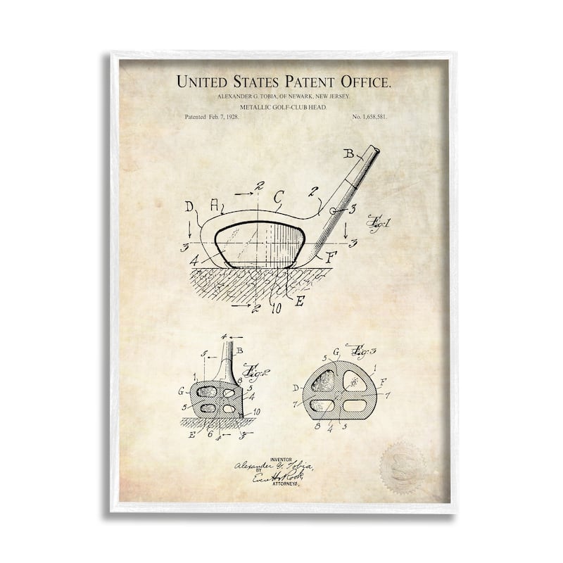 Stupell Golf Club Head Detailed Design Blueprint Patent Framed Wall Art - Beige - 11 x 14 - White