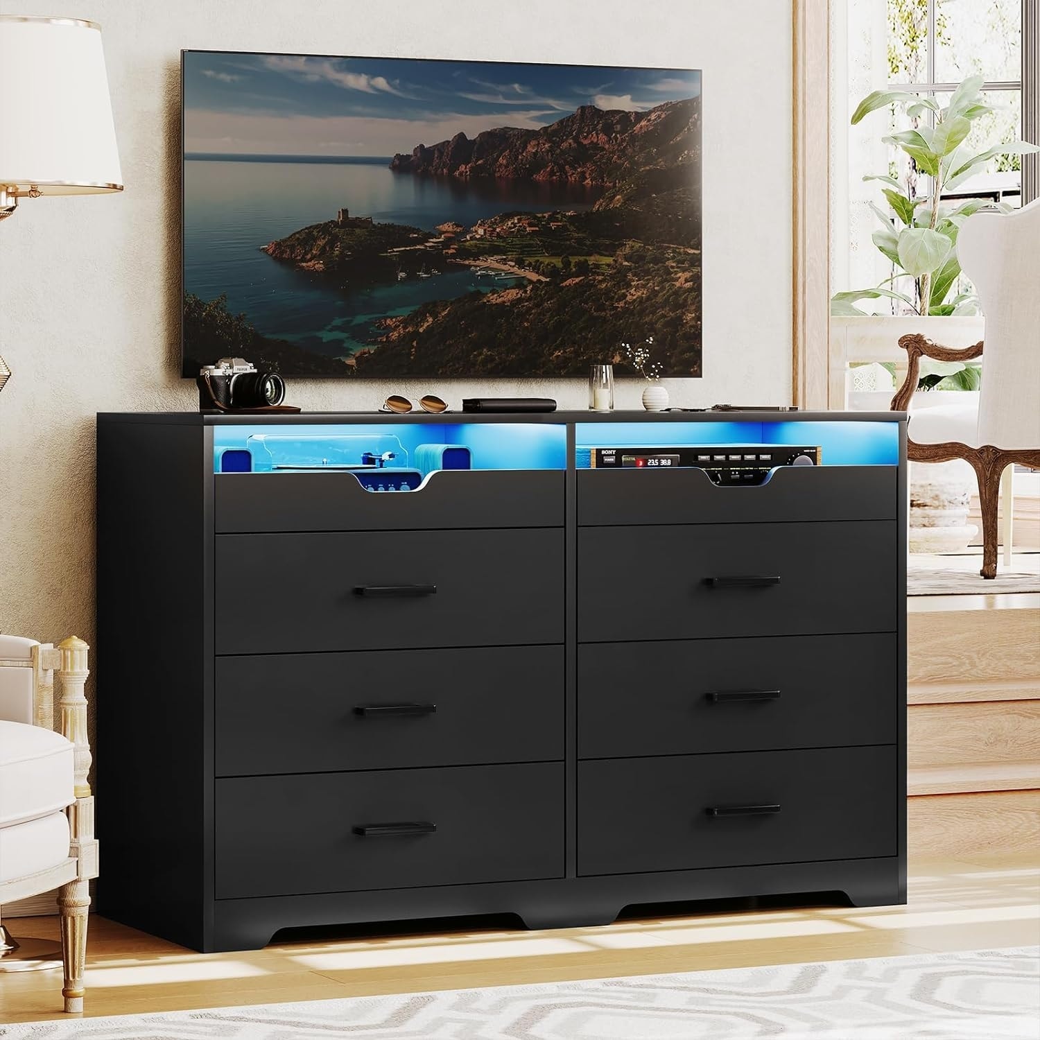 Fabric Drawer Dresser With LED Black Dresser For Bedroom With Charging  Station 10 Drawers Long Storage Cabinets Mueble Para Dormitorio