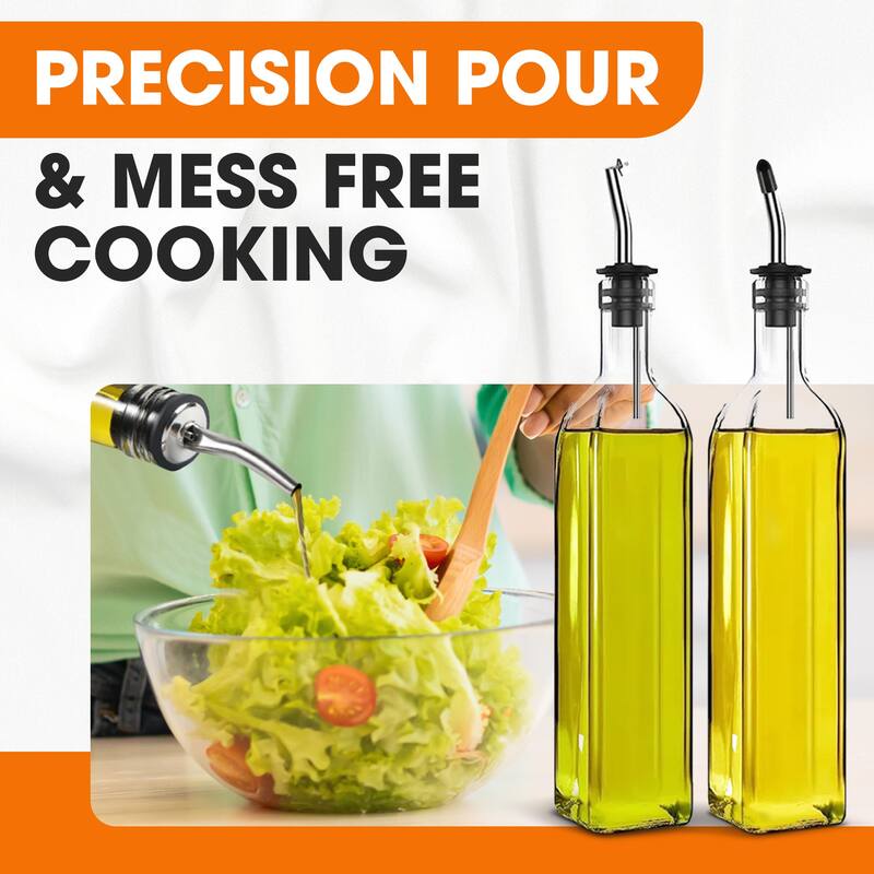 Cheer Collection 2 Pack Glass Olive Oil Dispenser Set with Funnel, Labels, Spouts, and Brush - Pack of 2