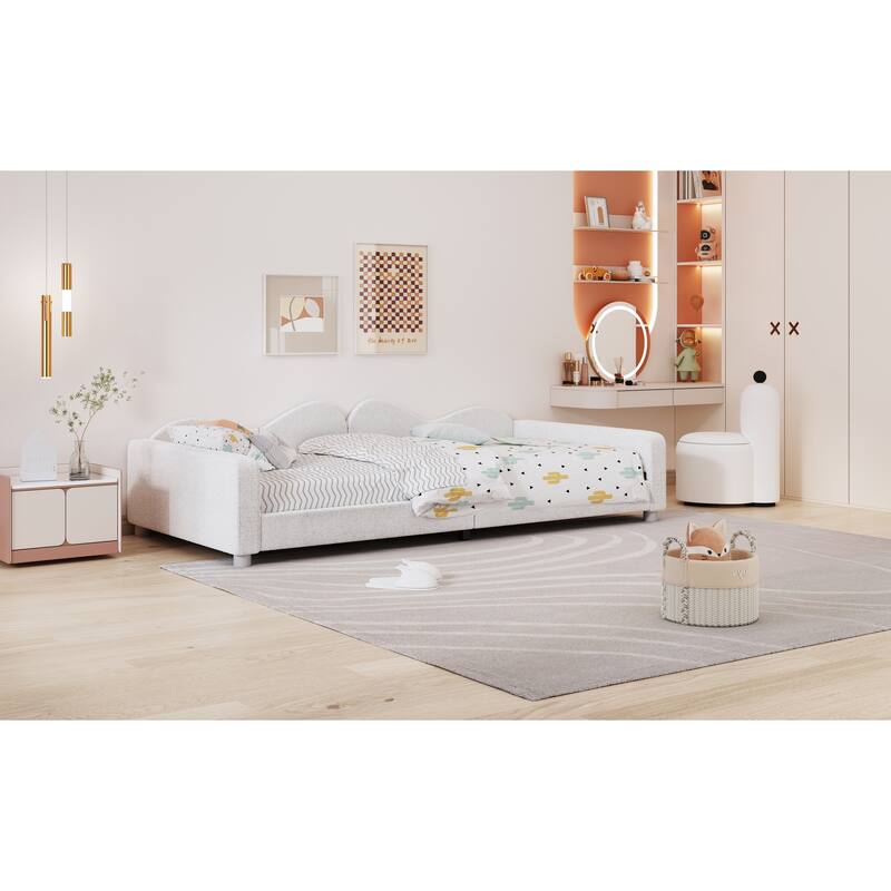 Sherpa Fabric Upholstered Daybed with Cloud-Shaped Backrest for Bedroom