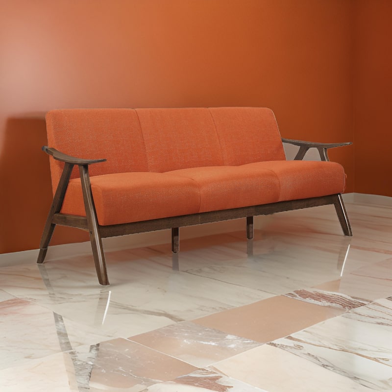 Indy 73 Inch Sofa, Brown Wood Angled Frame, Cozy Textured Orange Fabric