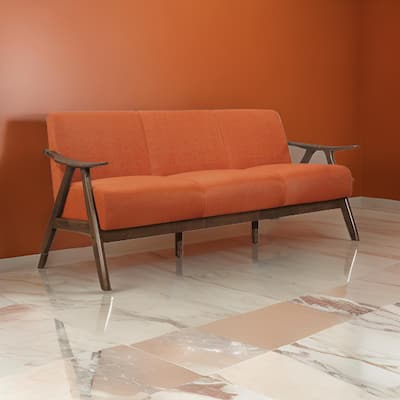 Indy 73 Inch Sofa, Brown Wood Angled Frame, Cozy Textured Orange Fabric