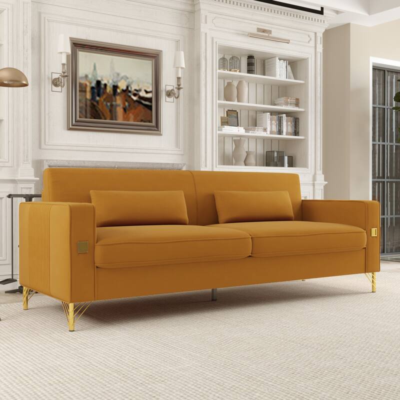 Modern 85.63" Velvet 3-seater Sofa with Gold Accents and Plush Cushions for Living Room