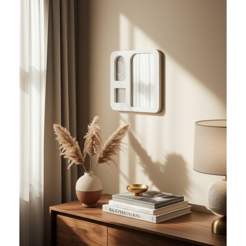 Wood Glass Frame Mirror and 2 Photos Collage Textured - 14" Ivory
