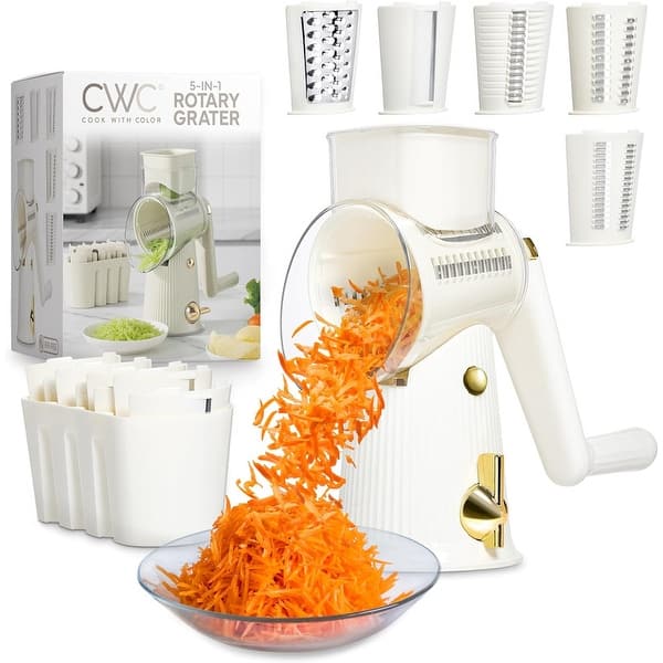 COOK WITH COLOR Rotary Cheese Grater with Handle Counter Suction Base 5 Blade Cheese Shredder Vegetable Chopper and Mandolin - CREAM
