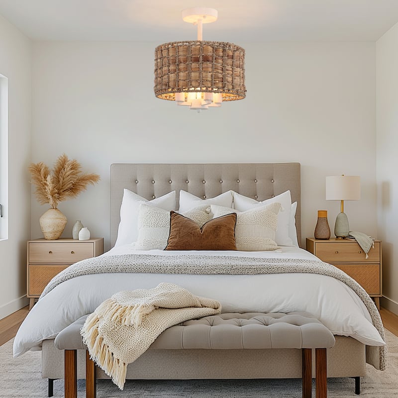 4-Light Classic Candlestick Hanging Semi Flush Mount Ceiling Lighting Chandelier with Rattan Shade for Dining Room